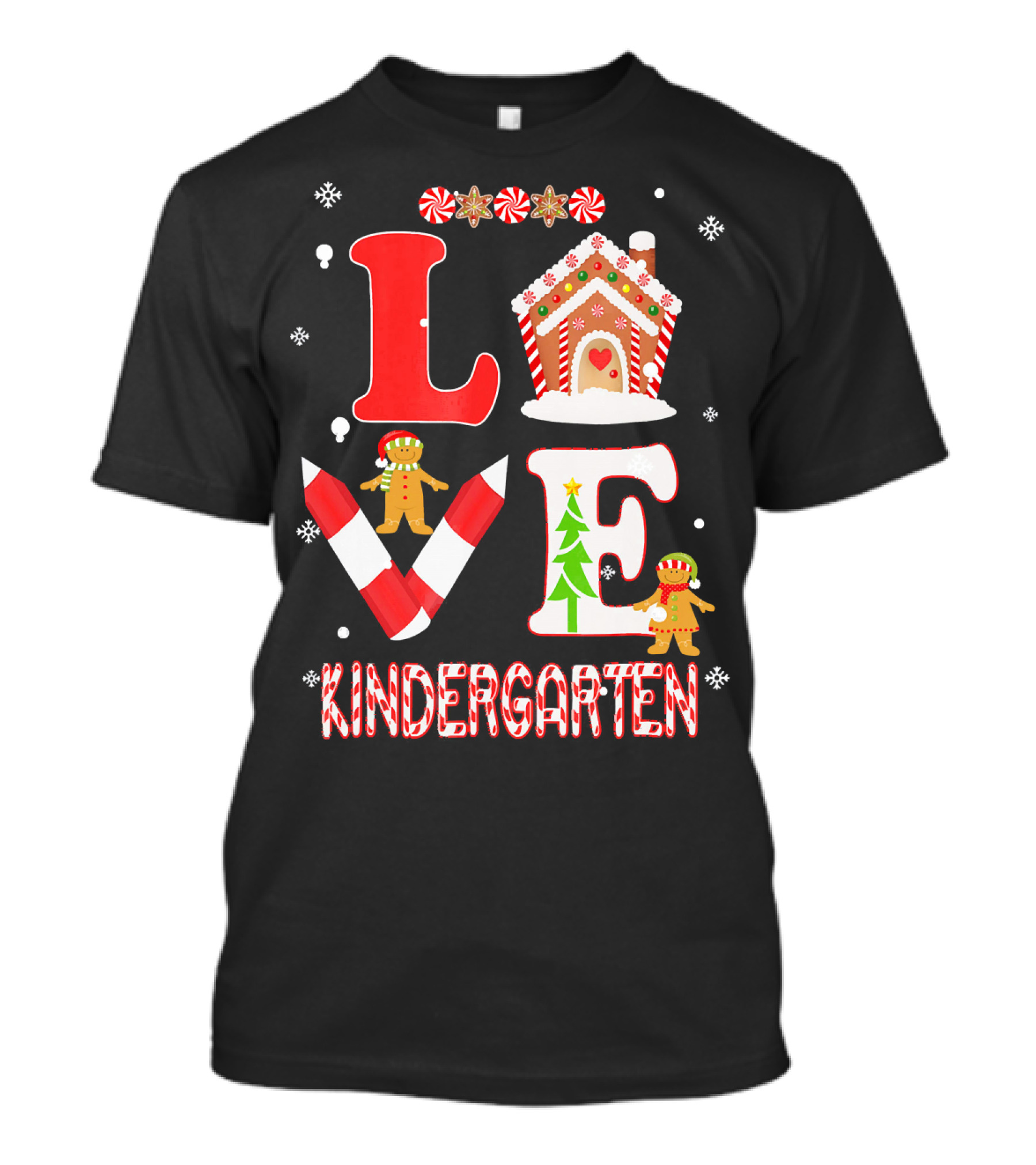 Love Kindergarten Teacher Gingerbread Candy Cane Christmas T-Shirt
