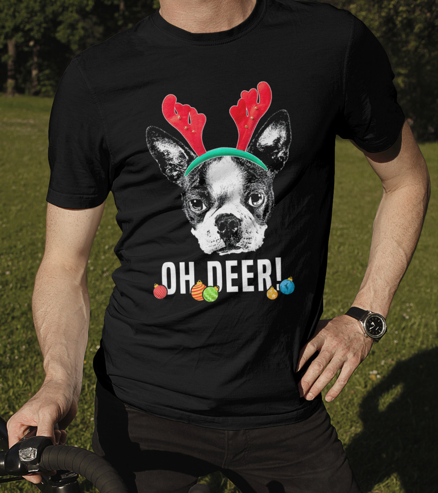 Oh Deer Boston Terrier With Reindeer Antlers And Christmas Ornaments T-Shirt
