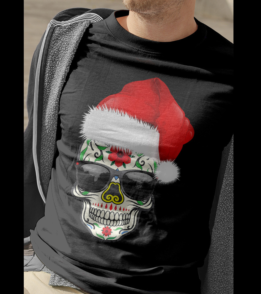 Christmas Santa Hat Day Of The Dead Sugar Skull Suga T-Shirt