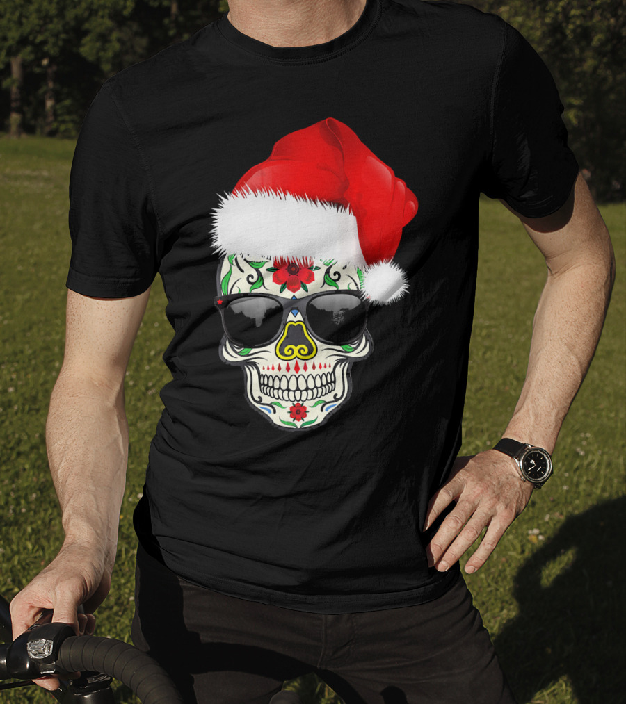 Christmas Santa Hat Day Of The Dead Sugar Skull Suga T-Shirt