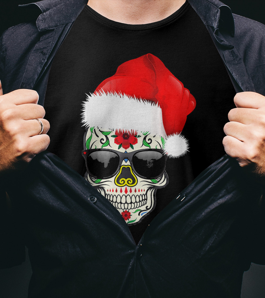 Christmas Santa Hat Day Of The Dead Sugar Skull Suga T-Shirt