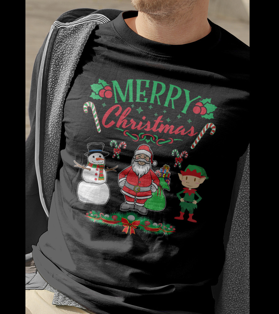 Merry Christmas Santa And Snowman With Elf And Candy Canes T-Shirt