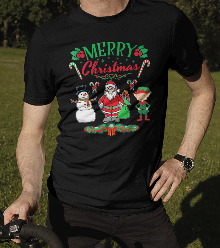 Merry Christmas Santa And Snowman With Elf And Candy Canes T-Shirt