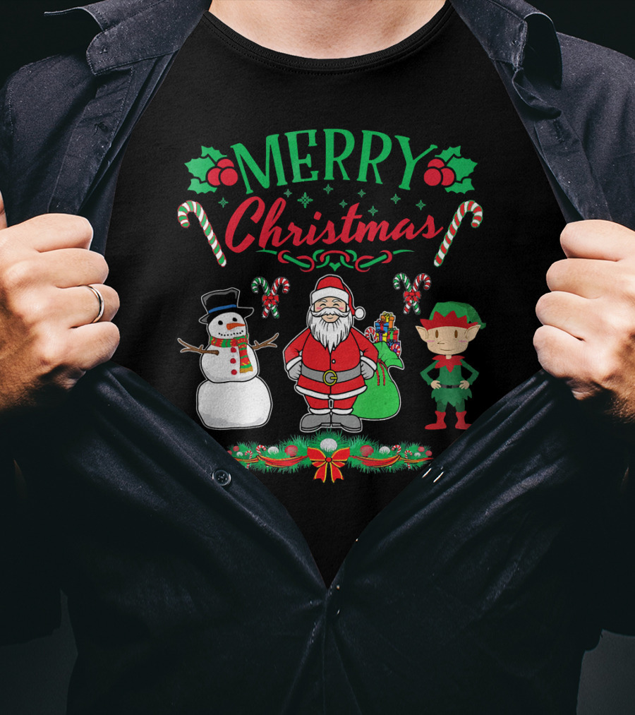 Merry Christmas Santa And Snowman With Elf And Candy Canes T-Shirt