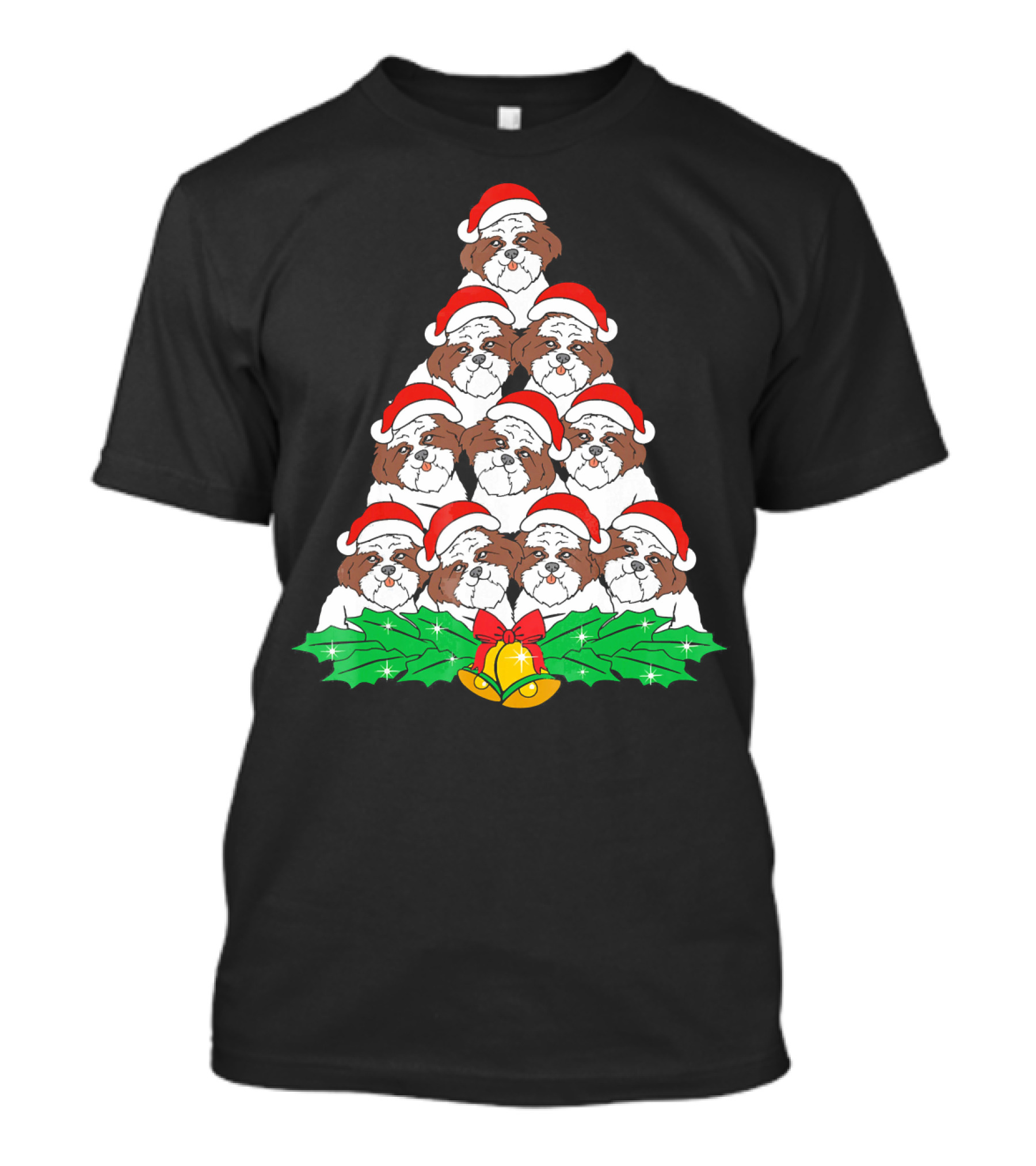 Shih Tzu Christmas Tree Dog Santa Hat Bells Holly Xmas Lover T-Shirt