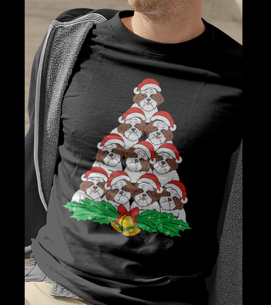 Shih Tzu Christmas Tree Dog Santa Hat Bells Holly Xmas Lover T-Shirt