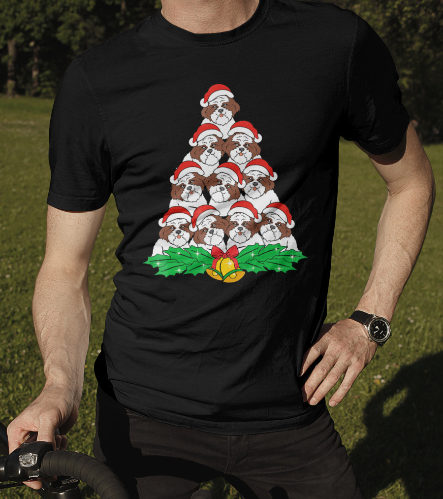 Shih Tzu Christmas Tree Dog Santa Hat Bells Holly Xmas Lover T-Shirt