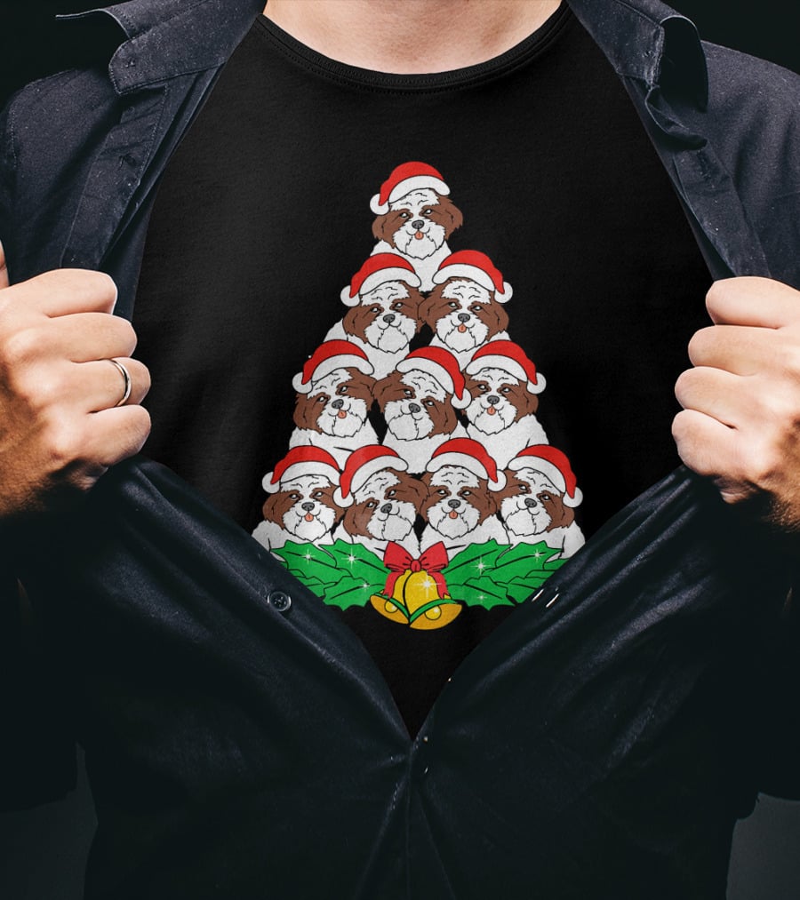 Shih Tzu Christmas Tree Dog Santa Hat Bells Holly Xmas Lover T-Shirt