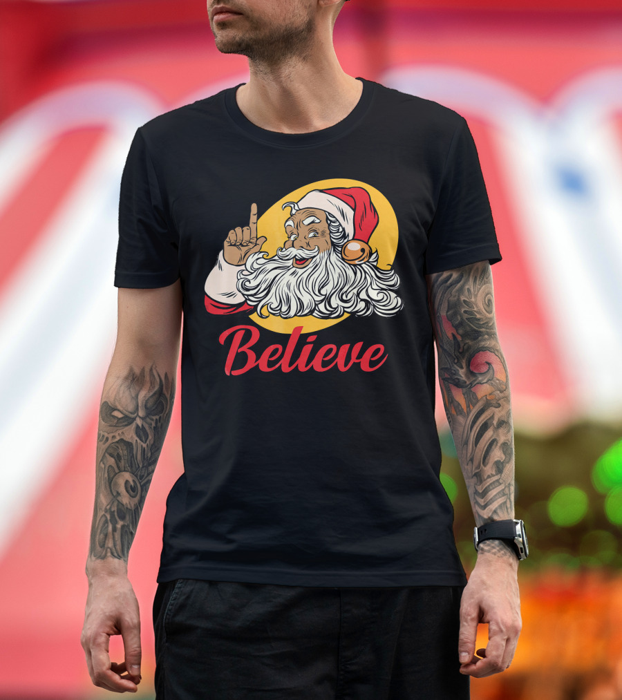 Black Santa Claus with Believe Caption and Yellow Background T-Shirt