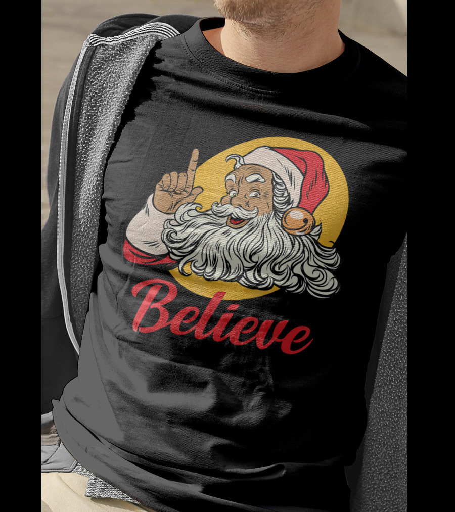 Black Santa Claus With Believe Caption And Yellow Background T-Shirt