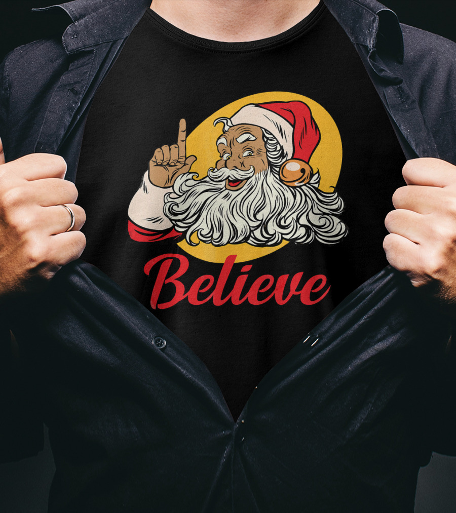 Black Santa Claus With Believe Caption And Yellow Background T-Shirt
