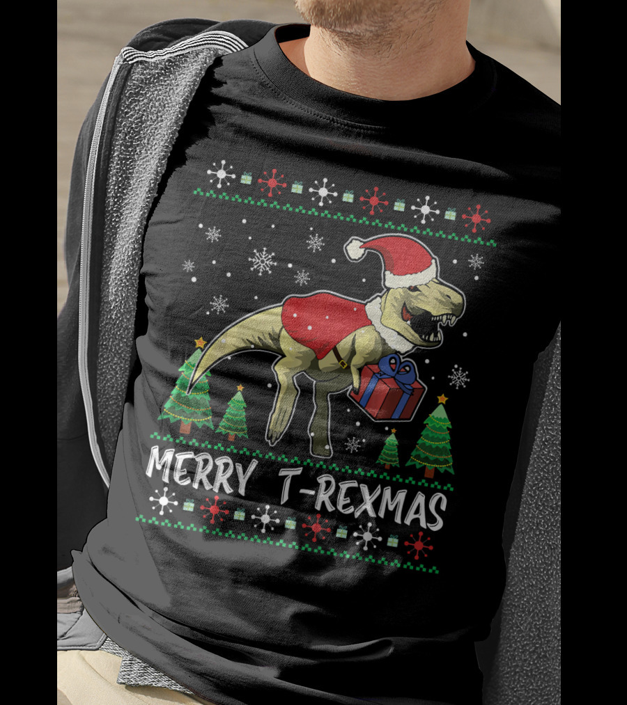 Merry T-Rexmas Dinosaur Santa Claus Holiday Snowflakes Trees T-Shirt
