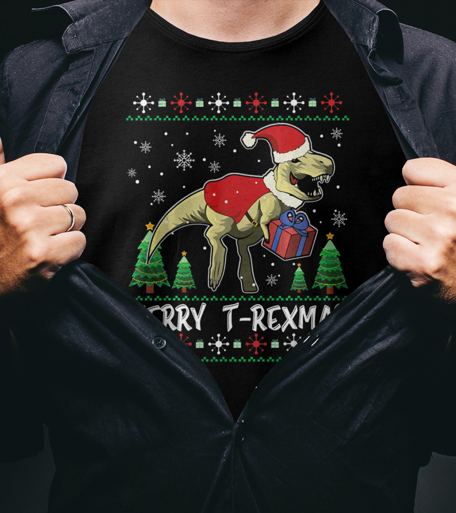 Merry T-Rexmas Dinosaur Santa Claus Holiday Snowflakes Trees T-Shirt