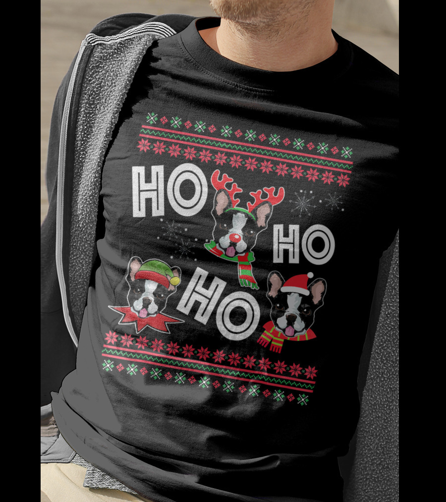 HO HO HO Boston Terrier Funny Do Christmas Reindeer Santa Hat Scarf Snowflakes T-Shirt
