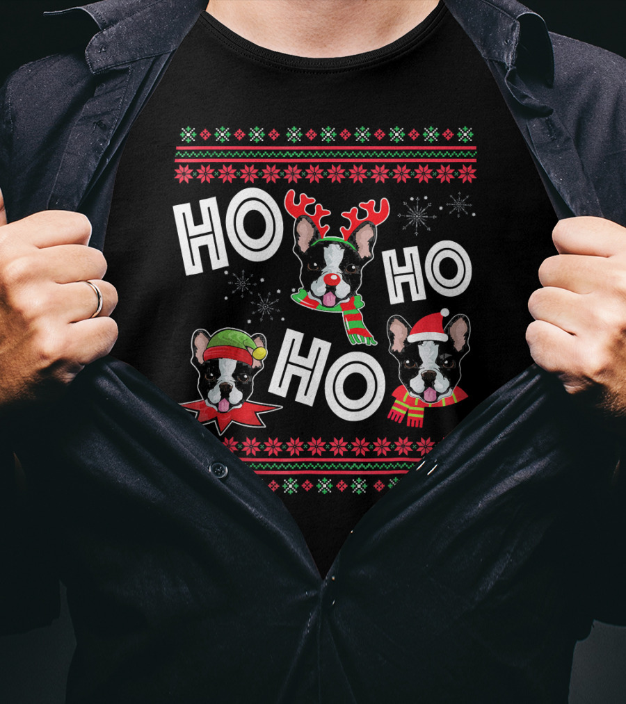 HO HO HO Boston Terrier Funny Do Christmas Reindeer Santa Hat Scarf Snowflakes T-Shirt