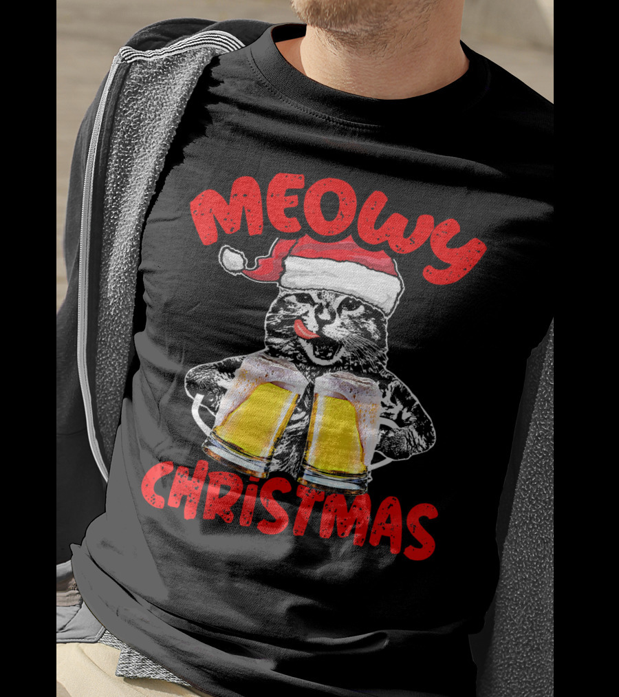 Meowy Christmas Funny Meow Drinking Beer Cat T-Shirt