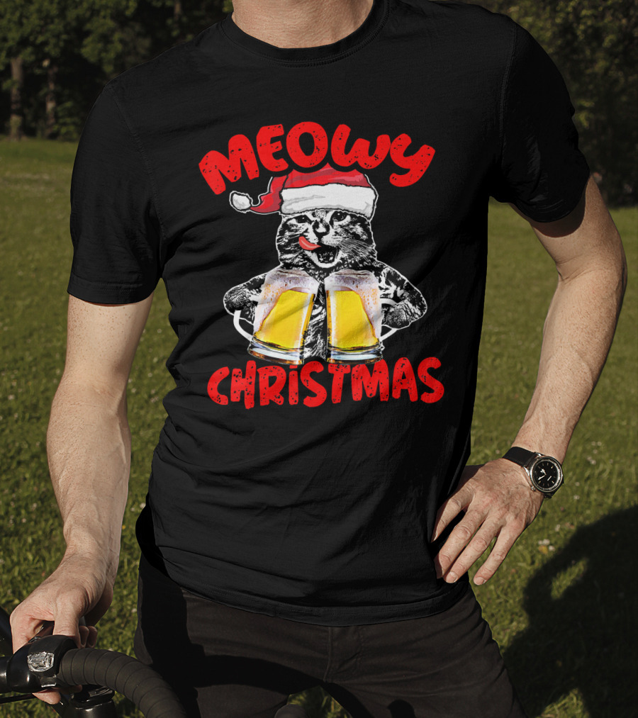 Meowy Christmas Funny Meow Drinking Beer Cat T-Shirt