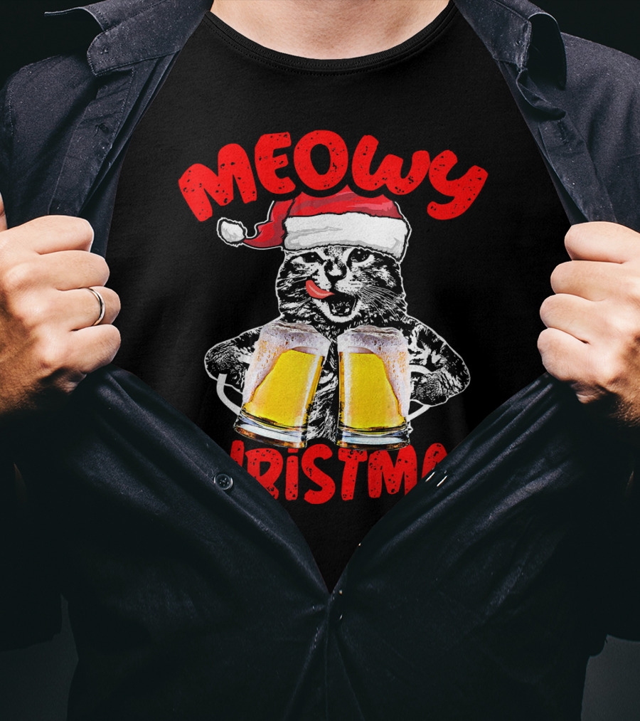 Meowy Christmas Funny Meow Drinking Beer Cat T-Shirt