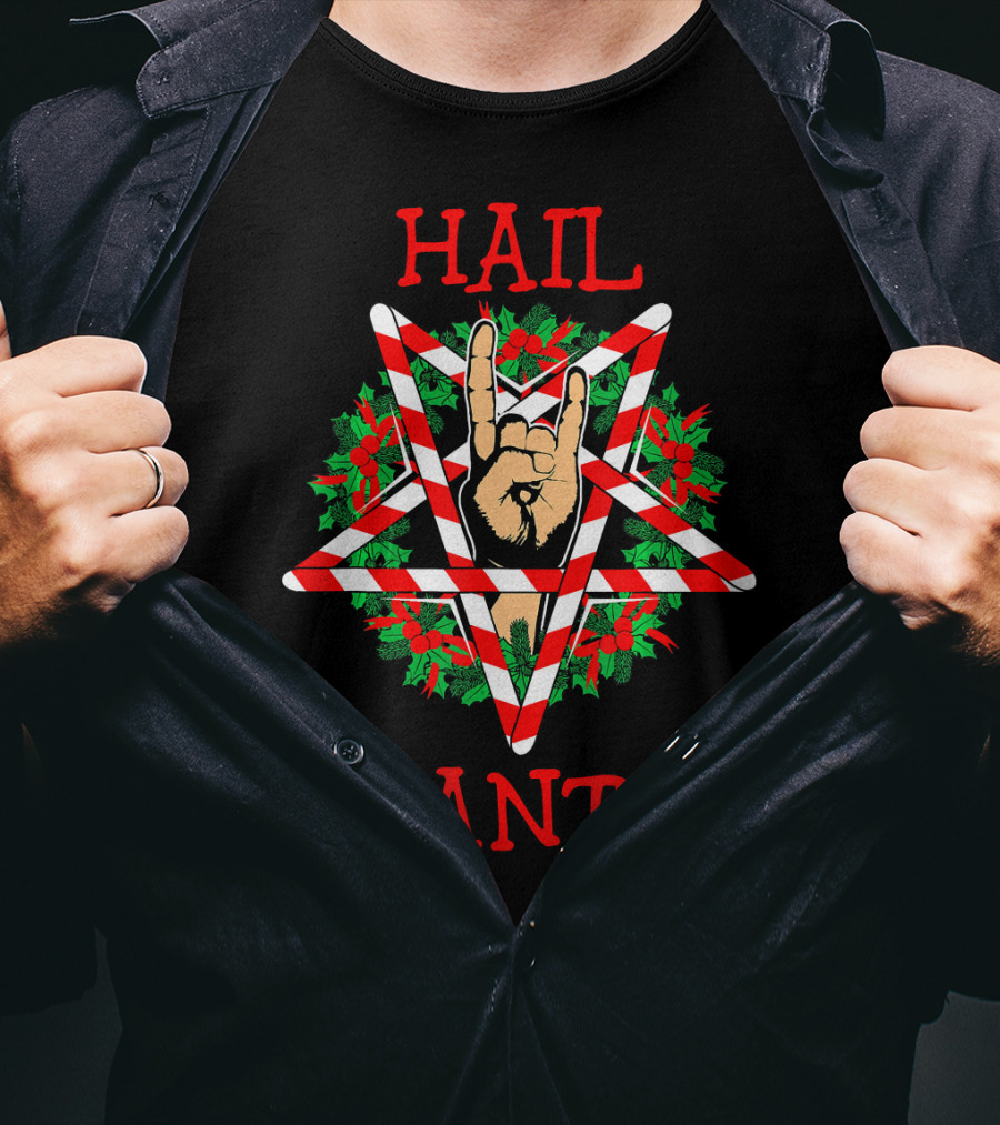 Hail Santa Sleigher Pentagram With Candy Cane And Rock Hand Gesture T-Shirt