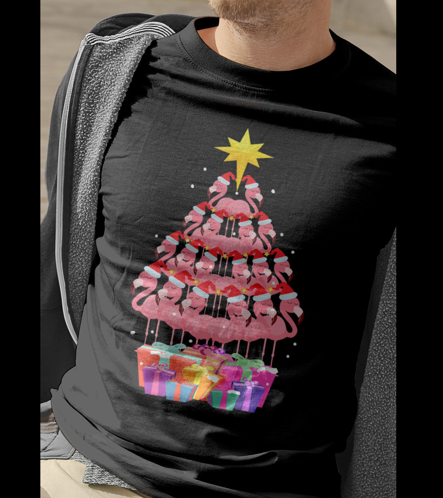 Flamingo Santa Hat Christmas Tree With Gifts And Star T-Shirt