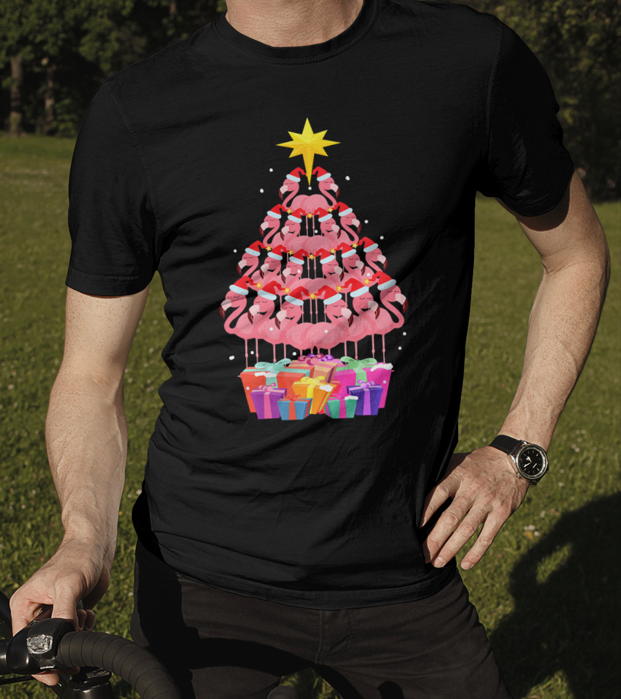 Flamingo Santa Hat Christmas Tree With Gifts And Star T-Shirt