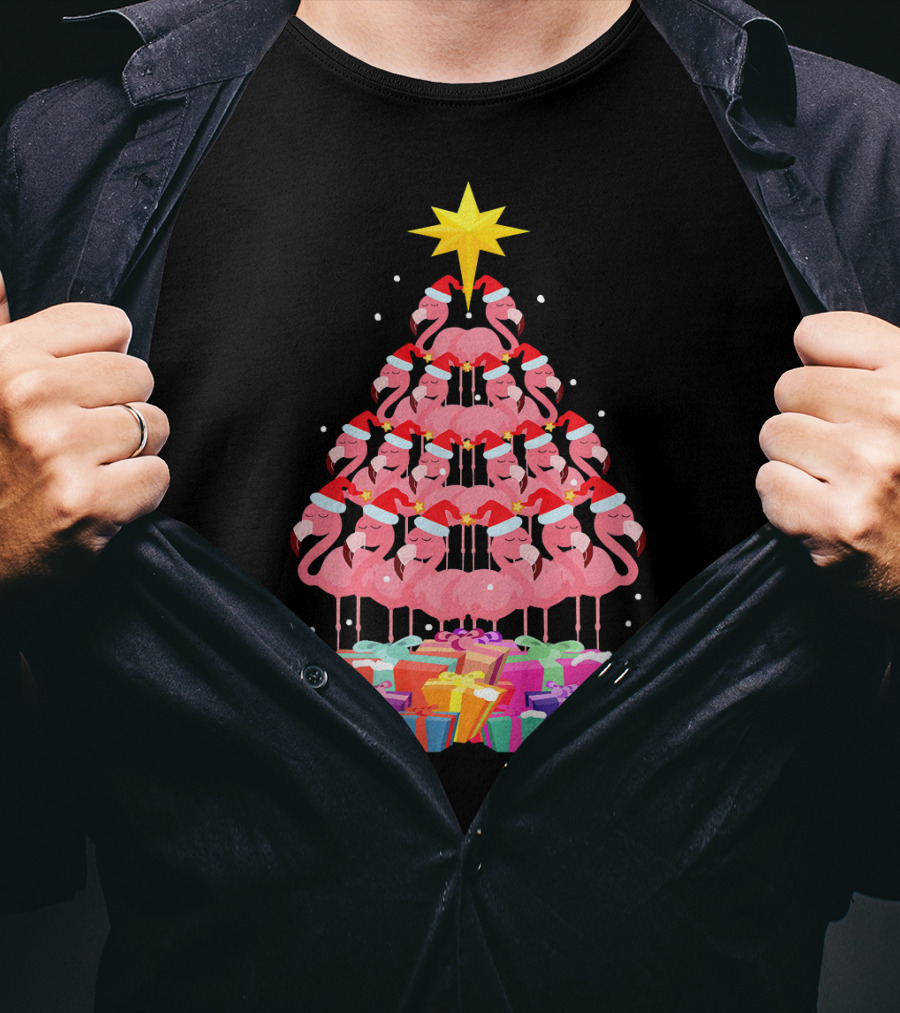 Flamingo Santa Hat Christmas Tree With Gifts And Star T-Shirt