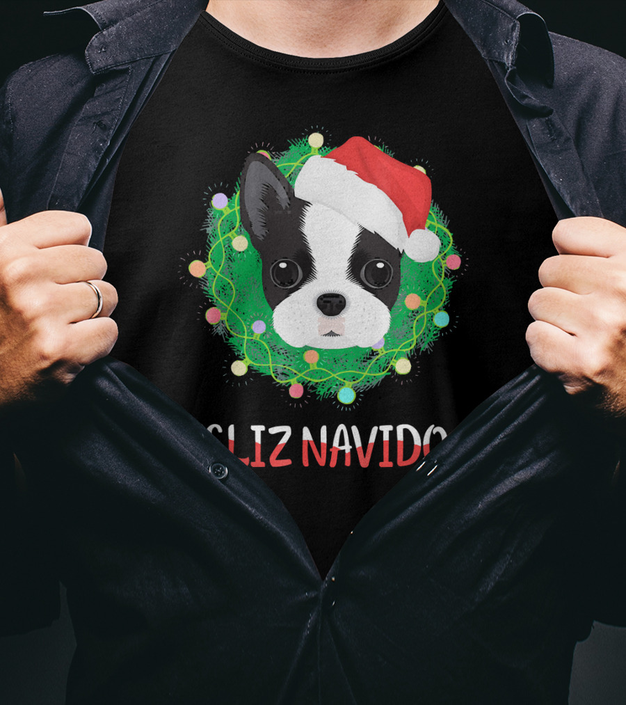 Boston Terrier Feliz Navidog Santa Hat Christmas Wreath T-Shirt