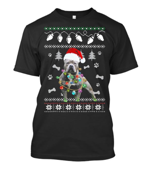 Pitbull Christmas Lights Santa Hat Ugly T-Shirt