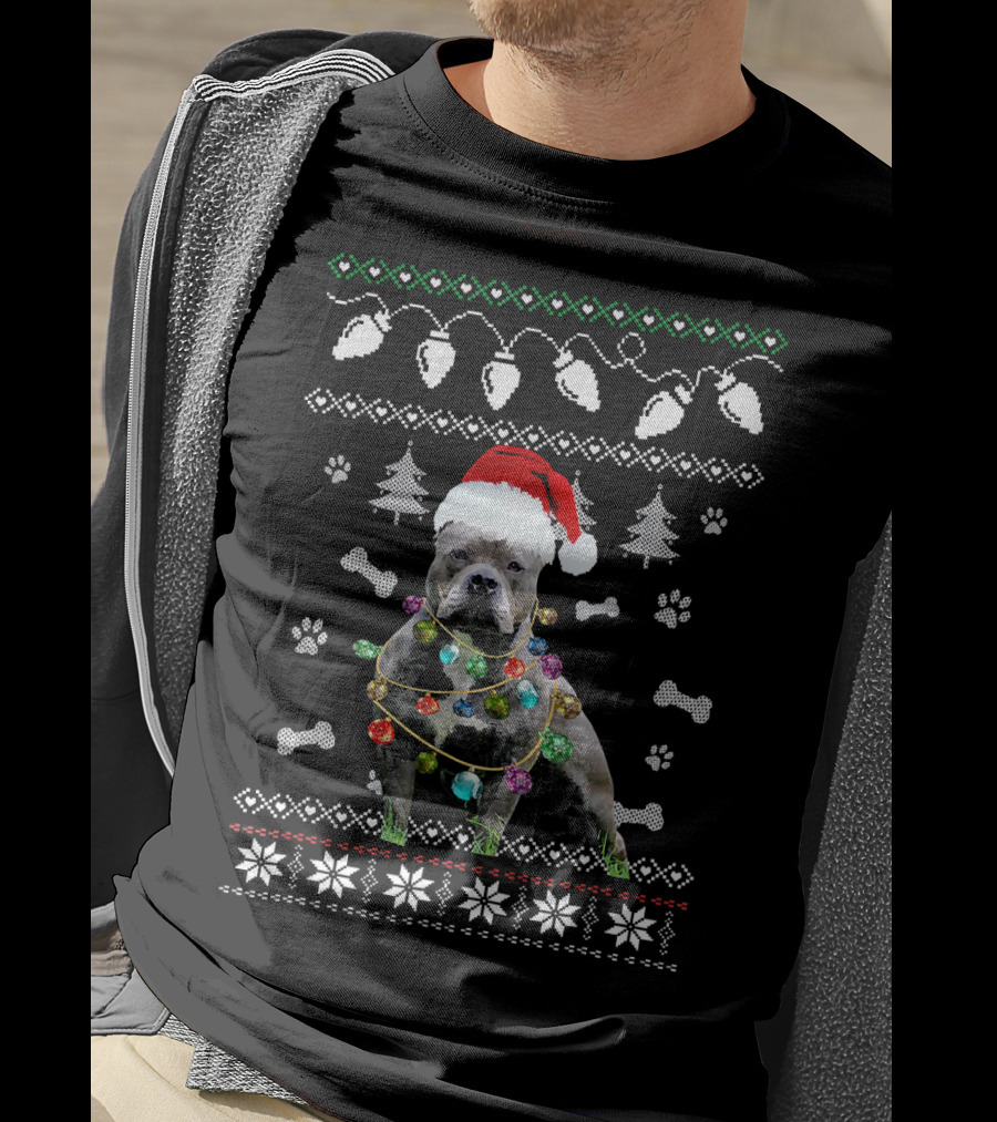 Pitbull Christmas Lights Santa Hat Ugly T-Shirt