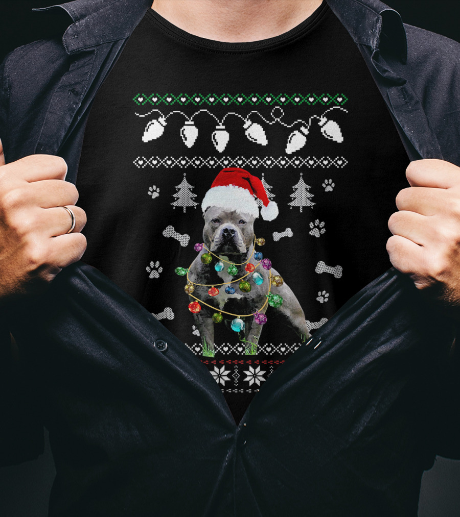 Pitbull Christmas Lights Santa Hat Ugly T-Shirt