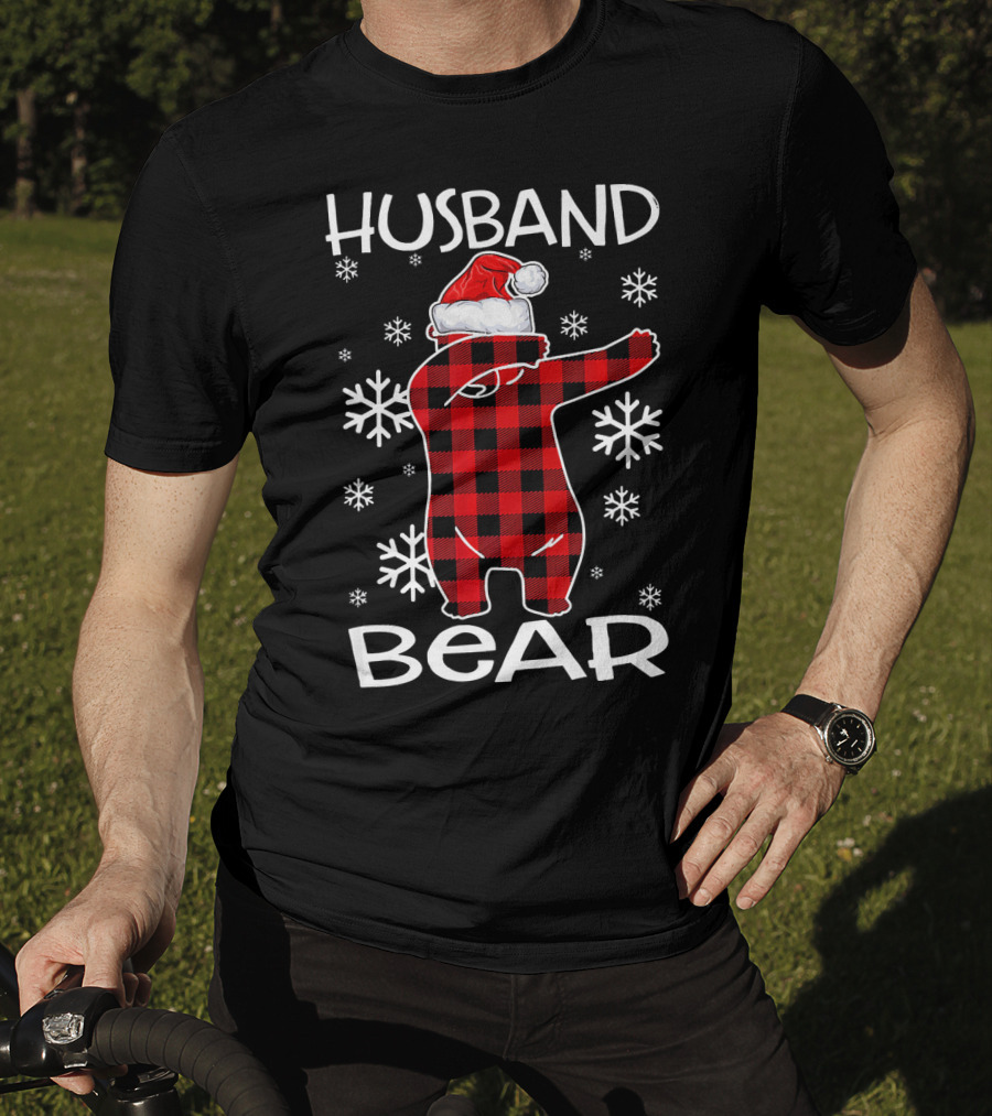 Husband Bear Dabbing Santa Hat Snowflakes T-Shirt