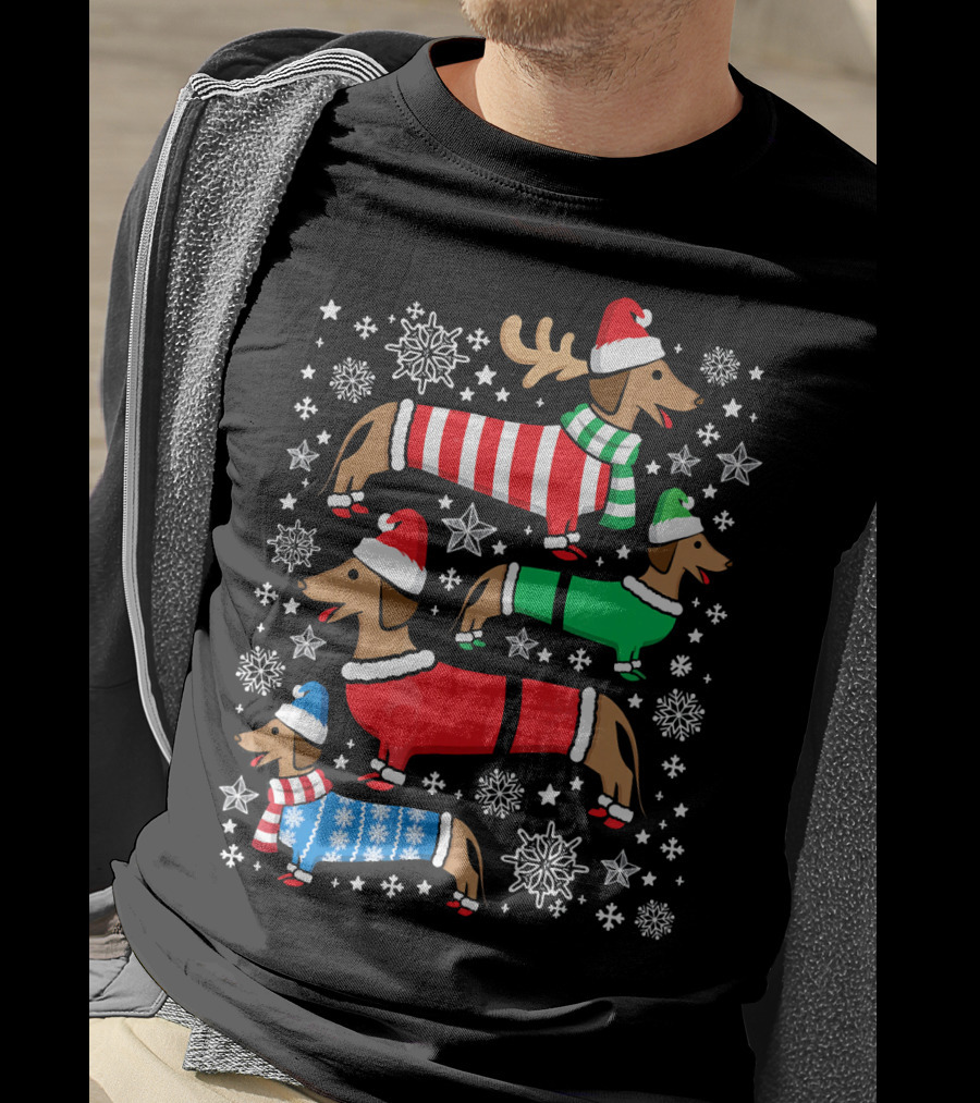 Dachshund Merry Christmas Weiner Ugly Sweater Santa Reindeer Snowflakes T-Shirt
