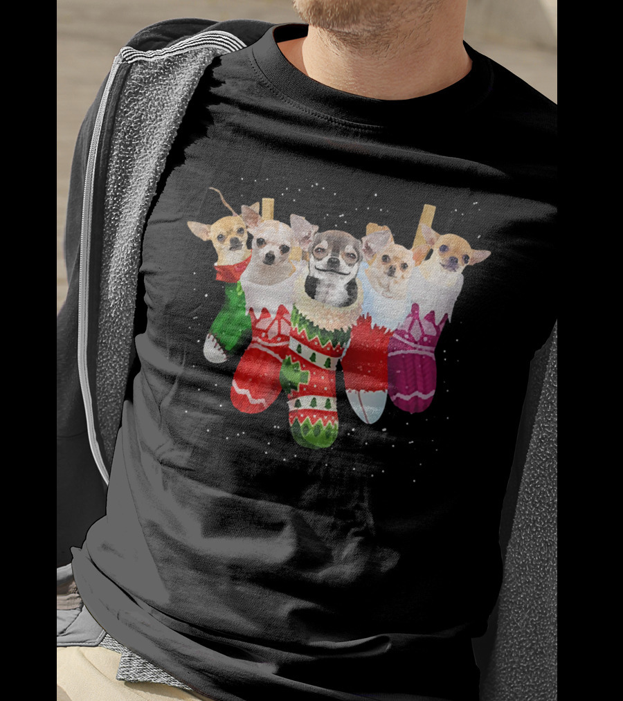 Chihuahua Puppies In Festive Holiday Socks T-Shirt