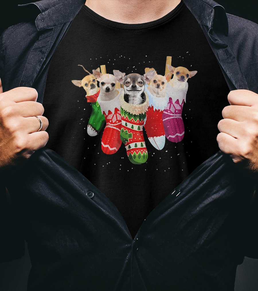 Chihuahua Puppies In Festive Holiday Socks T-Shirt