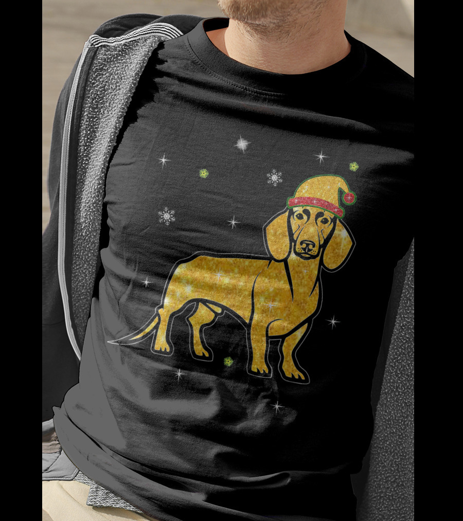 Christmas Lights Glitter Dachshund Dog With Santa Hat And Snowflakes T-Shirt