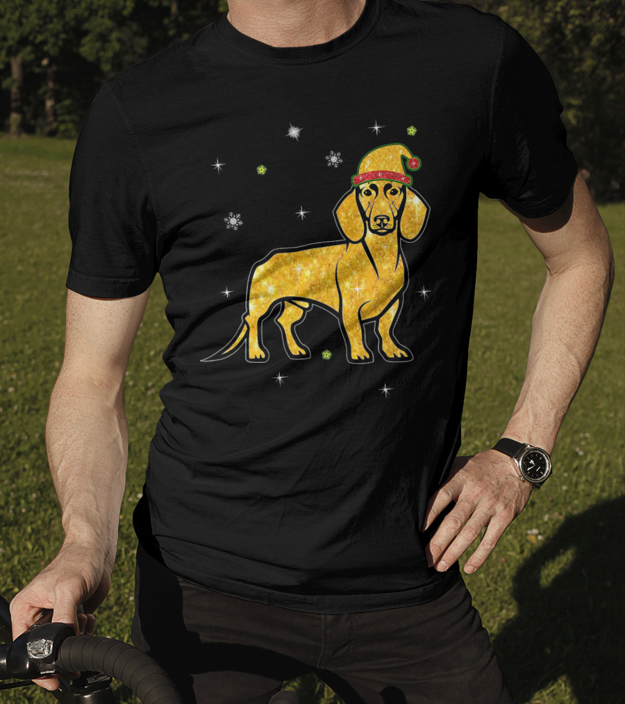 Christmas Lights Glitter Dachshund Dog With Santa Hat And Snowflakes T-Shirt