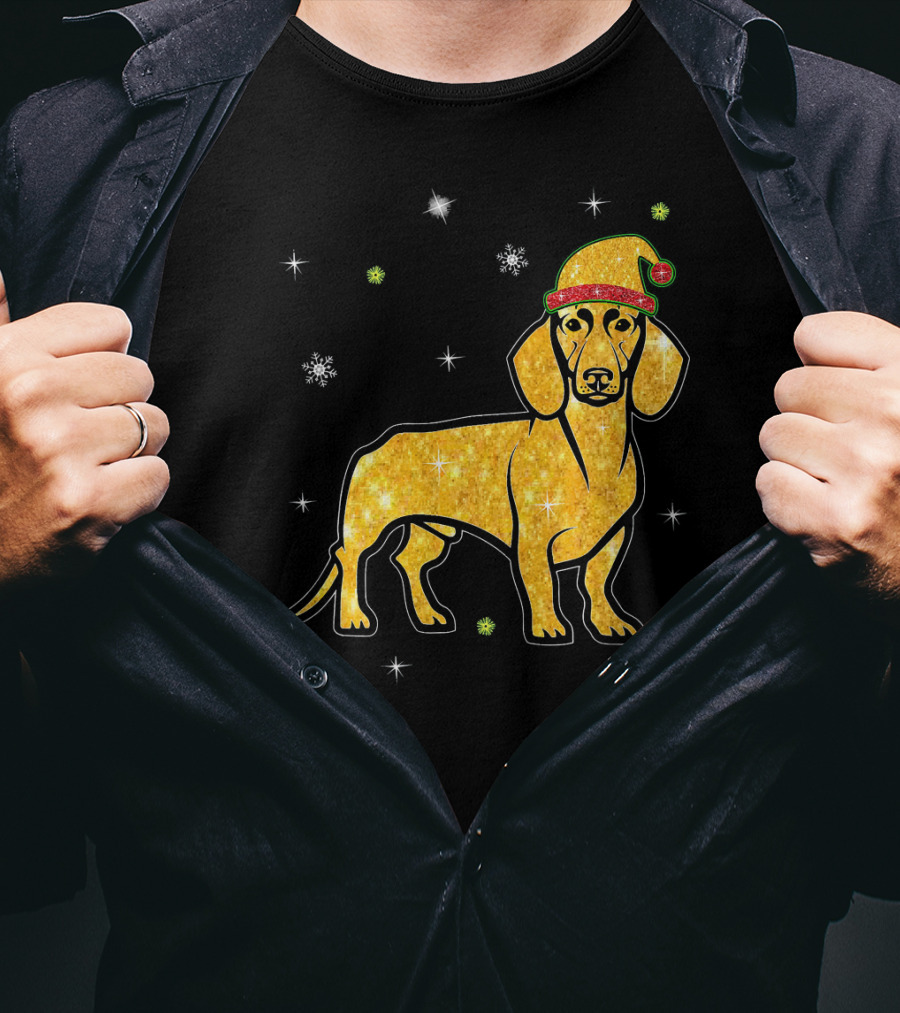 Christmas Lights Glitter Dachshund Dog With Santa Hat And Snowflakes T-Shirt