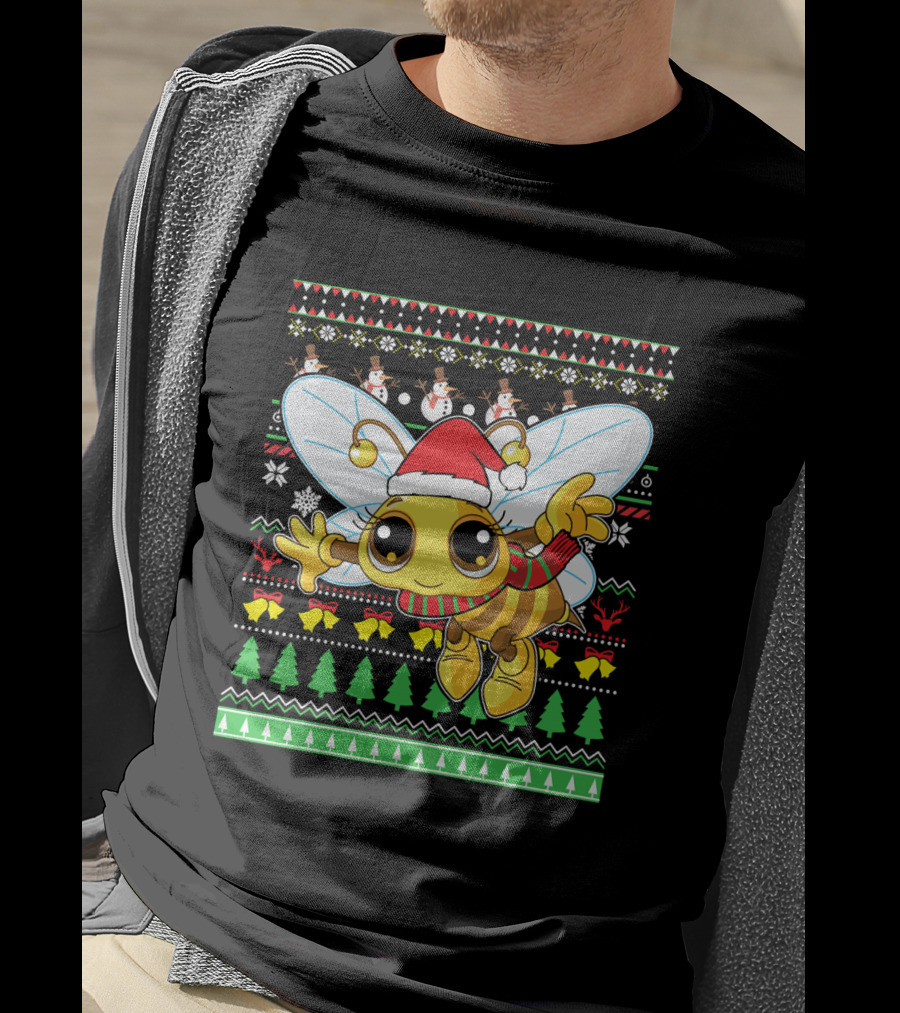 UglyBee Santa Claus Lovely Christmas Sweater Pattern With Cartoon Bee T-Shirt