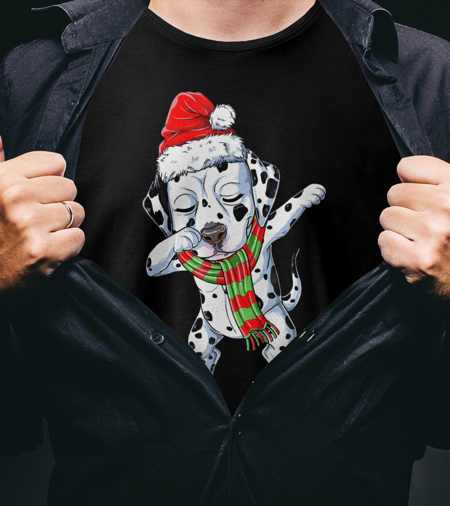 Dabbing Dalmatian Puppy In Santa Hat And Festive Scarf T-Shirt