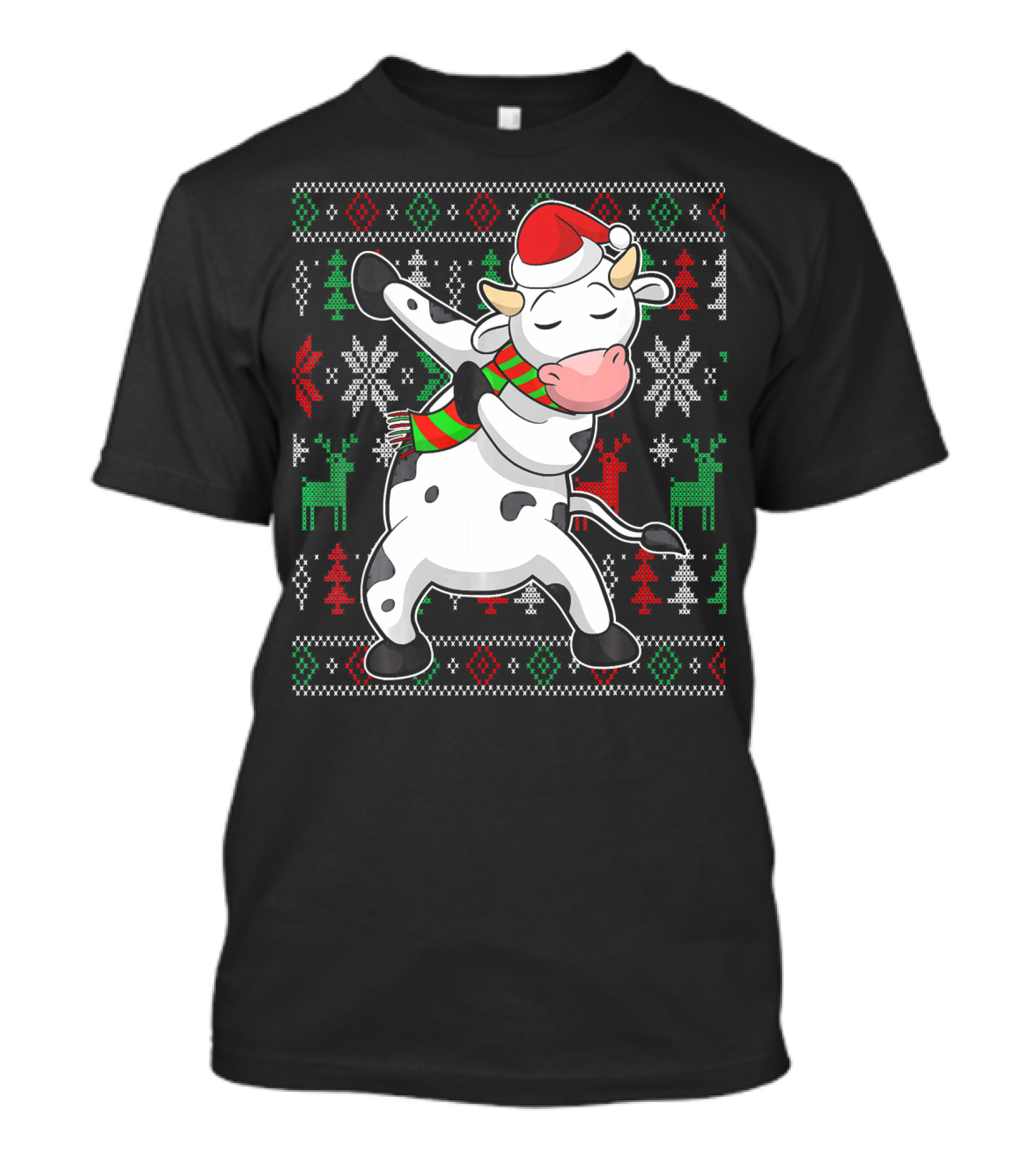 Ugly Christmas Dabbing Santa Cow With Festive Reindeer And Snowflakes T-Shirt