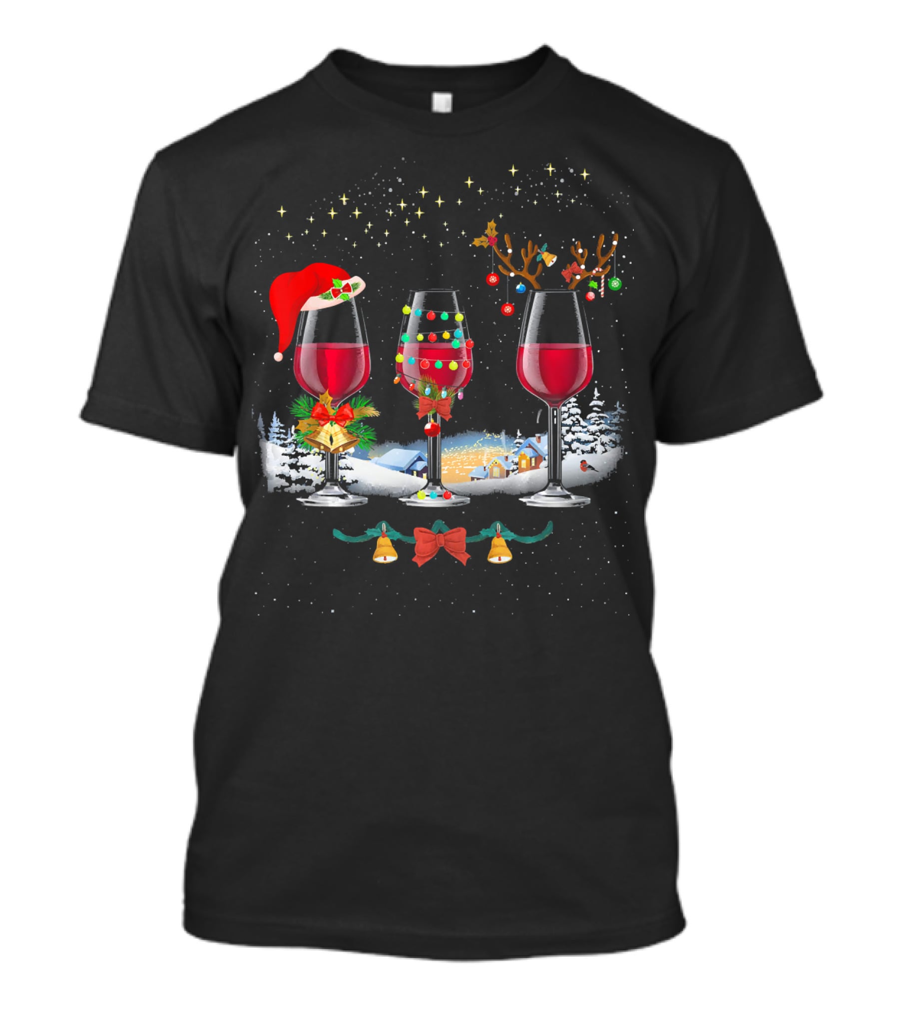 Three Christmas Red Wine Glasses Santa Hat Reindeer Lights Snowy Village T-Shirt