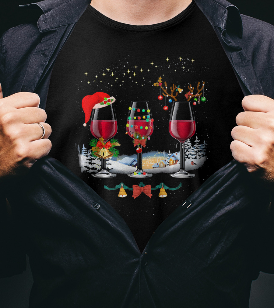 Three Christmas Red Wine Glasses Santa Hat Reindeer Lights Snowy Village T-Shirt