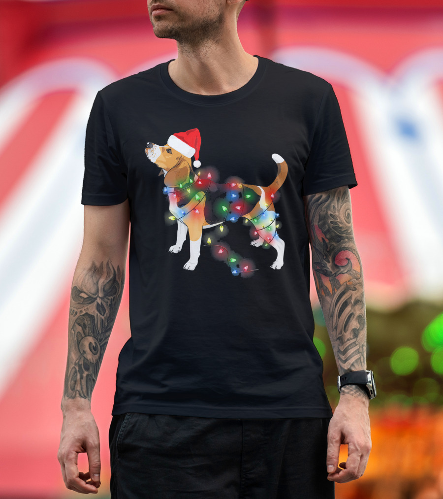 Beagle with Christmas Lights and Santa Hat T-Shirt