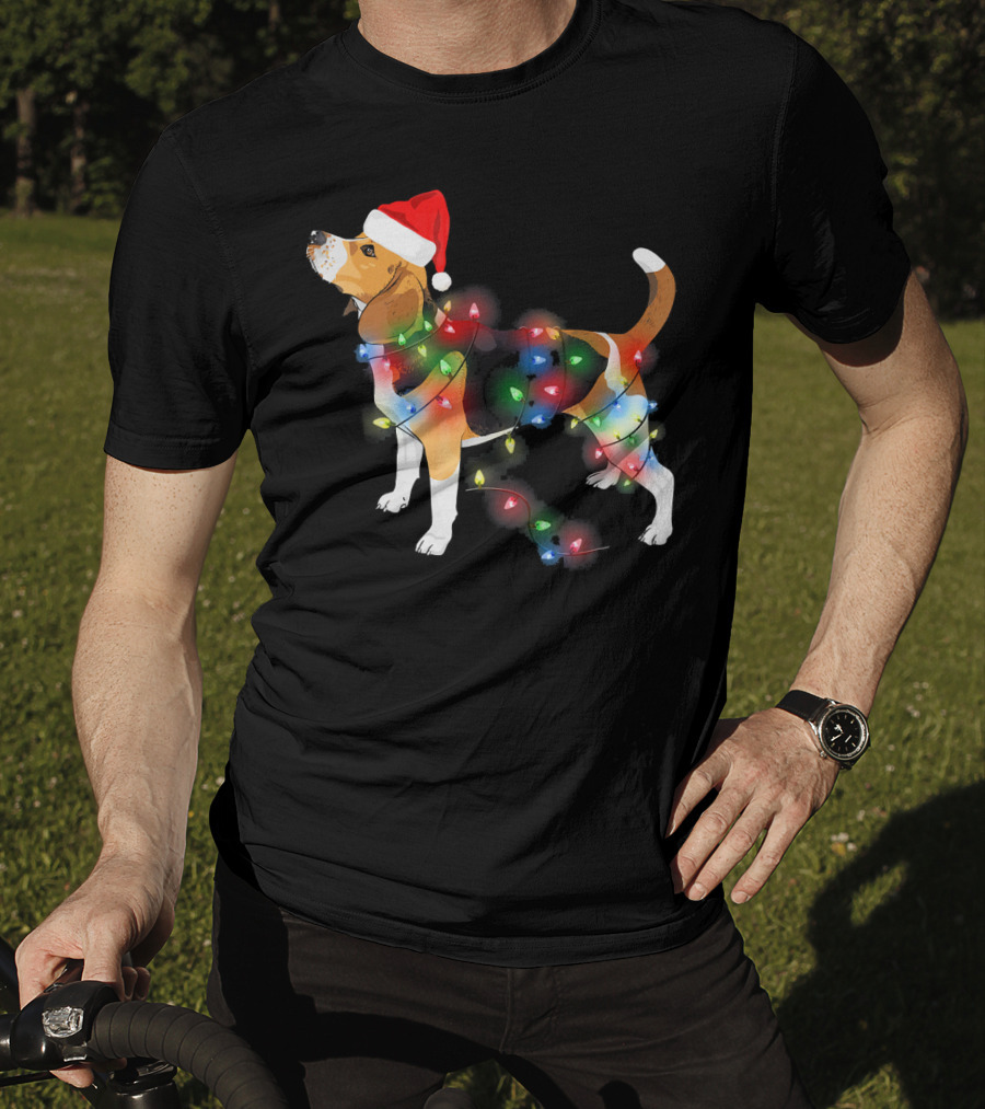 Beagle With Christmas Lights And Santa Hat T-Shirt