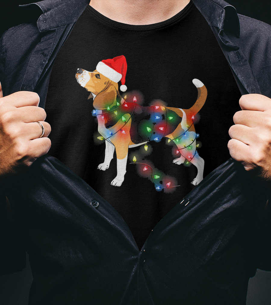 Beagle With Christmas Lights And Santa Hat T-Shirt
