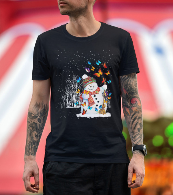 Premium T-Shirt: Snowman with Butterflies in a Snowy Forest T-Shirt Snowman with Butterflies in a Snowy Forest T-Shirt