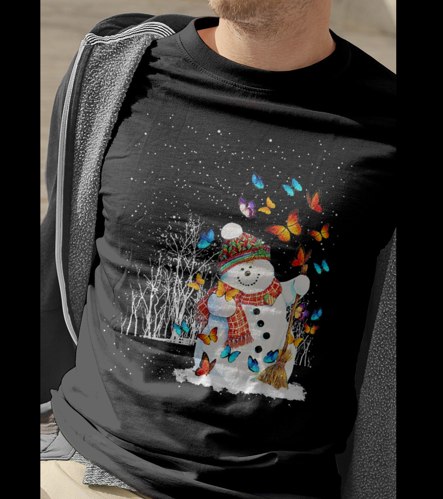 Snowman With Butterflies In A Snowy Forest T-Shirt