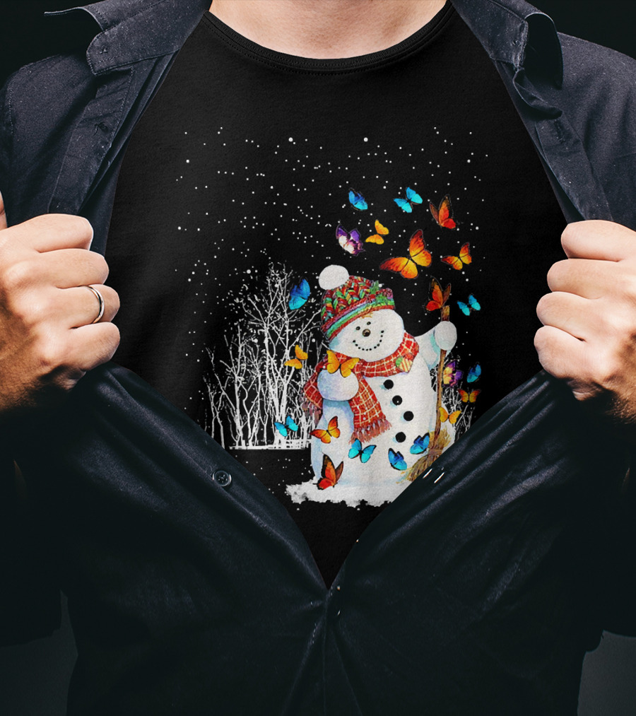 Snowman With Butterflies In A Snowy Forest T-Shirt