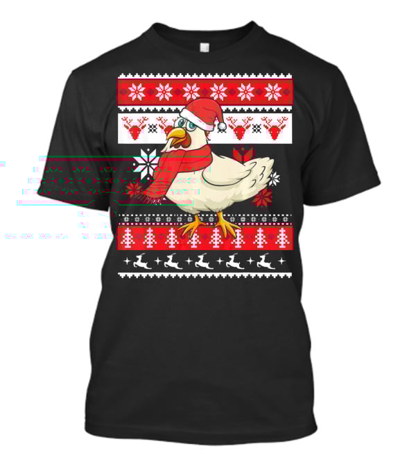 Ugly Christmas Chicken Santa Hat Snowflakes Reindeer Red Scarf T-Shirt