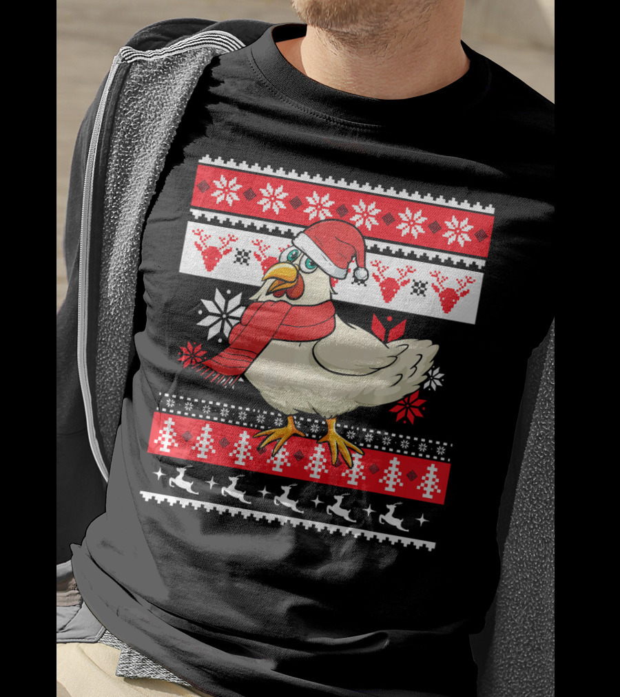 Ugly Christmas Chicken Santa Hat Snowflakes Reindeer Red Scarf T-Shirt